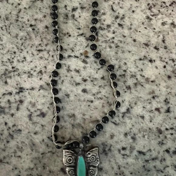 Silver and Black Butterfly Pendant Necklace - Picture 1 of 4